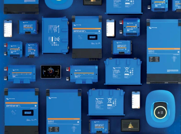 Various Victron Energy components arranged against a dark background.